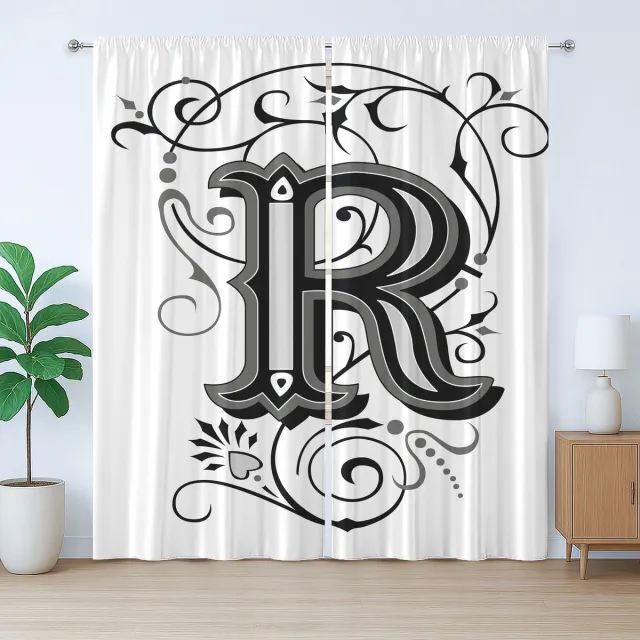 ABAKUHAUS Rustiek gordijn met de letter R, antieke R-typografie, met lussen en haken voor de woonkamer, 280 x 175 cm, zwart wit grijs