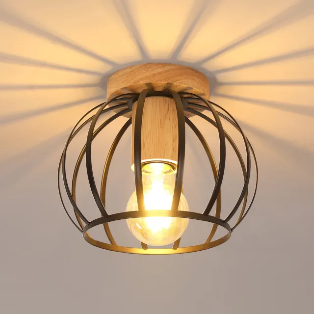 Riserva Industriële Plafondlamp - Zwart met Hout - E27 Fitting - Metalen Plafondlamp Vintage - Rond - Zonder Lichtbron - voor Woonkamer, Keuken en Slaapkamer