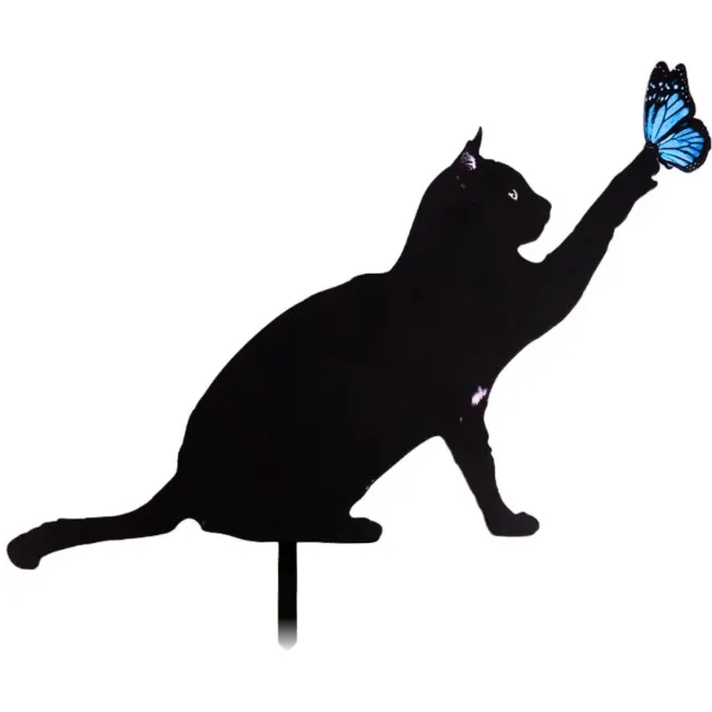 Janse Tuinsteker poes met vlinder - Metalen tuinsteker kat - Grafdecoratie - Tuinsteker poes zwart - Tuindecoratie - Poezen silhouet - Bloempot steker - Kattenbeeld