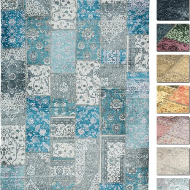 TESSO LIVING Kelim Patchwork Tapijt Woonkamer Blauw 120 X 160 cm, Modern Laagpolig Vloerkleed, Superzacht, Machinewasbaar