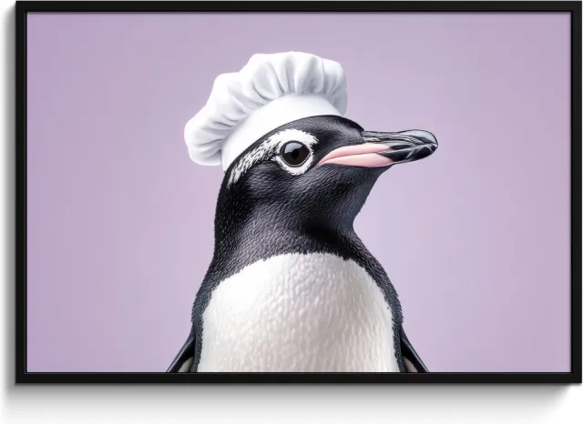 FrameYourWall Fotolijst inclusief poster - Posterlijst 120x80 cm - Posters - Pinguïn - Koksmuts - Lief - Paars - Foto in lijst - Keuken decoratie muur - Wanddecoratie accessoires - Muurdecoratie - Schilderijen Koksmuts - Pinguïn