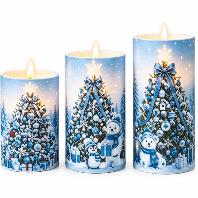 SWGOTA led kaarsen set van 3 met blauwe kerstboomprint, warm licht, kunststof behuizing, op batterijen, zonder batterijen