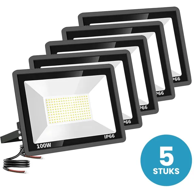 Tsong LED Schijnwerper 100W - 5 stuks - 12.000 lm - Daglichtwit 6000K - 120° Breedstraler - IP66 - Terrein- & Gevelverlichting - 2 jaar garantie