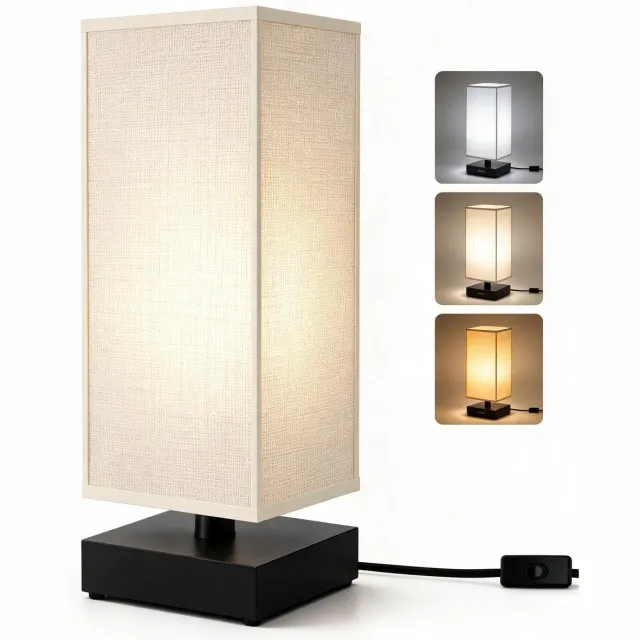 Sounix Tafellamp voor Nachtkastje - 3 Lichtkleuren 3000K/4000K/6000K - Inclusief E27 LED Lamp - Vierkante Stoffen Lampenkap - Beige Beige 02