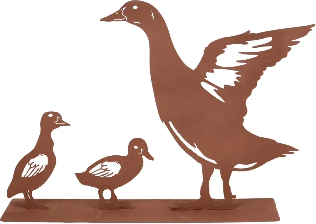 UNUS Staander decoratieve eendenfamilie in roestlook - tuinbeeld - voor buiten - roestige eenden decoratie - tuin ornamenten silhouet - tuin hek decor - land tuin kunst