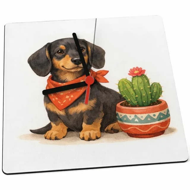 Mr Cadeautjes Klok 19 x 19 - design Een eigenwijze teckel met een bandana, naast een kleine cact | cadeau Wit