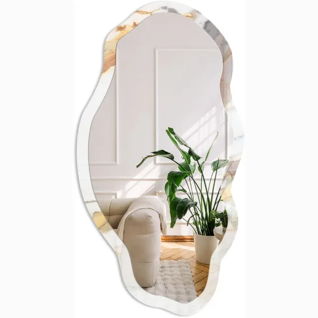 Coloray Marmerpatroon Spiegel - Wit Stijlvolle Wandspiegel - Organische Spiegel - Woonkamer, Badkamer, Kantoor - Minimalistisch - 45x90 cm - Totale afmeting 52x97 cm Marmerlook, Wit