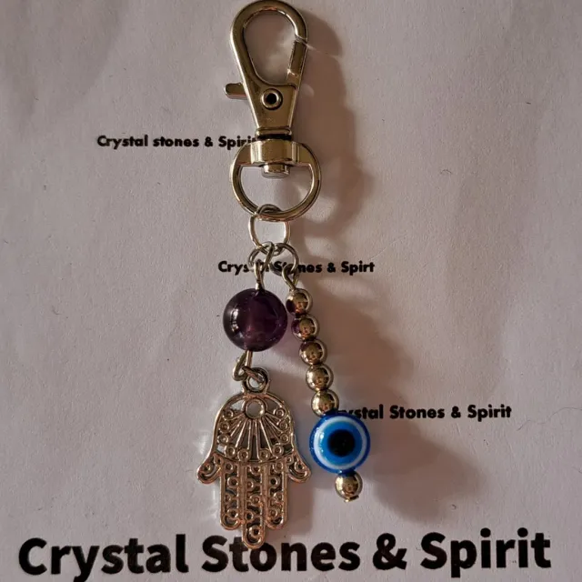 mineraalsteen Boze Oog / Khamsa met amethist, sleutelhanger zilverkleurig paars