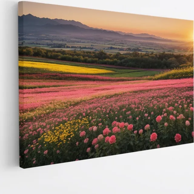Saammp Canvas Schilderij - Landschap - Roze Bloemenveld met zonsondergang - Natuur - 40x30 - Foto op canvas - Wanddecoratie - Muurdecoratie Woonkamer - Slaapkamer decoratie - Canvas Print Multicolor