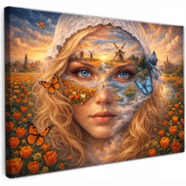 online schilderij Tulpenvelden Portret met Windmolens - 60x40 cm - woonkamer - Holland - Nederland - Tulpen - Portret blauw