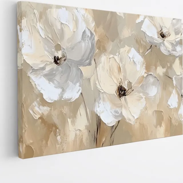 Saammp Canvas Schilderij -Witte Abstracte Bloemen - Natuur - 50x40 - Foto op canvas - Wanddecoratie - Muurdecoratie Woonkamer - Kantoor Decoratie Multicolor