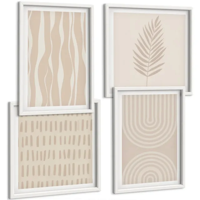 TULUP 4-Delige Schilderij Set - Patronen in beigetinten met plantmotieven - 40x40 en 40x60 - Stijlvolle Muurdecoratie - Slaapkamer - Decoratieve Schilderijen Witte lijst