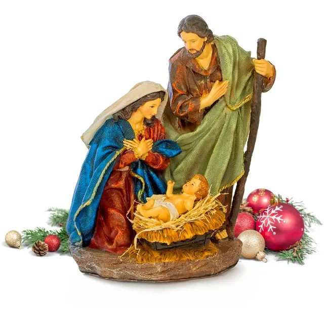 Famanu Handgemaakte kerststalfiguren van duurzaam kunsthars, 24,5 x 29,5 cm, met de Heilige Familie Zwart