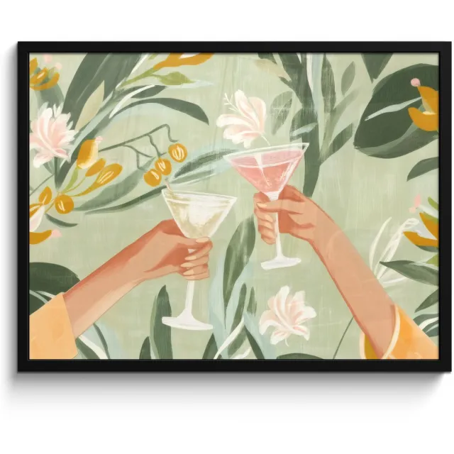 FrameYourWall Poster in lijst - Fotolijst 70x50 cm - Posters - Glazen - Proosten - Bladeren - Groen - Posterlijst zwart - Decoratie - Wanddecoratie woonkamer - Muurdecoratie slaapkamer