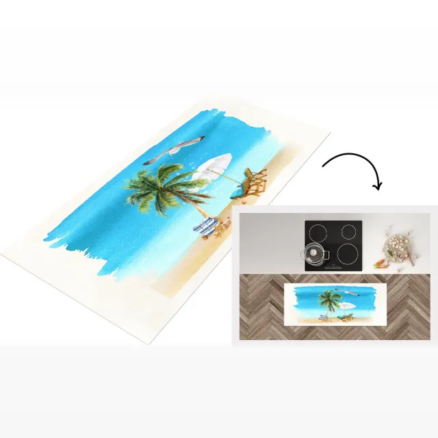 KitchenYeah Keukenloper - Loper keuken - Strandstoel - Parasol - Vogel - Waterverf - Keukenloper vinyl Multicolor
