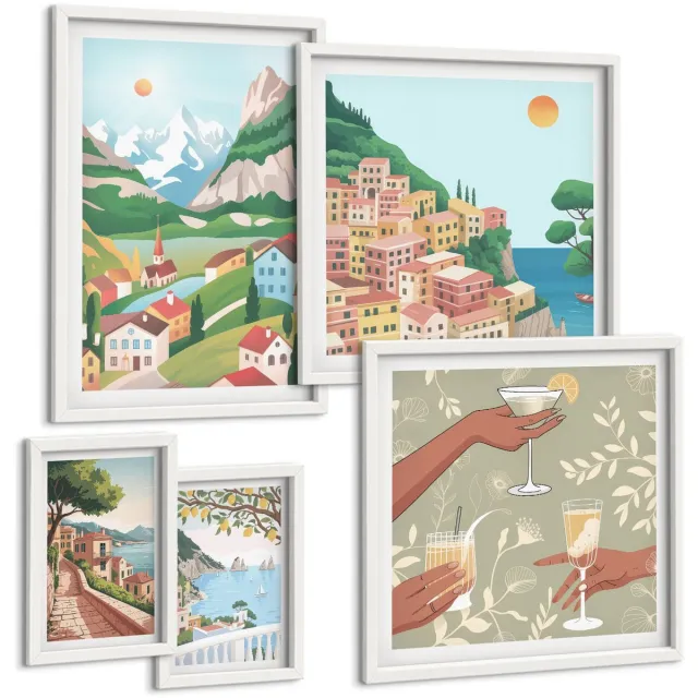 TULUP 4-Delige Schilderij Set - Betoverende landschappen en momenten van ontspanning in de buitenlucht - 50 x 50 cm, 20 x 30 cm en 40 x 60 cm - Wanddecoratie - Woonkamer Decoratie - Stijlvolle Muurdecoratie Witte lijst