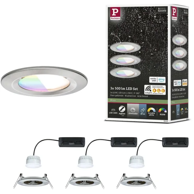 Paulmann LED-inbouwlamp Nova Coin IP44 rond 78 mm RGBW+ 3x6W 3x500lm 230V Staal geborsteld Aluminium