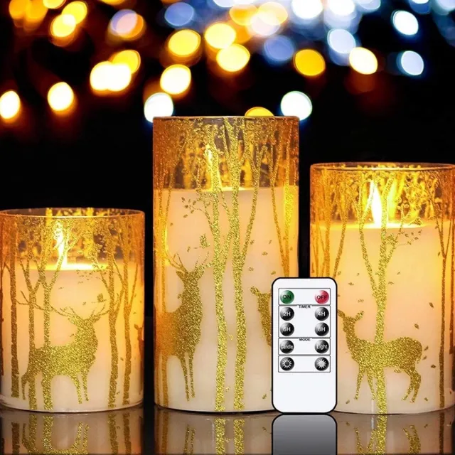 Suntac Led Kaarsen met Bewegende Vlam - 3 Stuks - Afstandsbediening - Timer - Dimfunctie - Dinerkaarsen - Flikkerende Kaars op Batterijen - met afstandsbediening, kerstcadeaus, verlichting voor thuis, decoratie-Goud Rendier