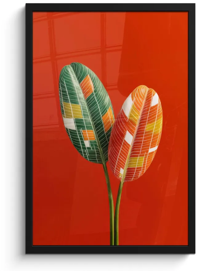 FrameYourWall Poster in lijst - Fotolijst 40x60 cm - Posters - Bladeren - Ovaal - Mozaïek - Patroon - Posterlijst zwart - Decoratie - Wanddecoratie woonkamer - Muurdecoratie slaapkamer
