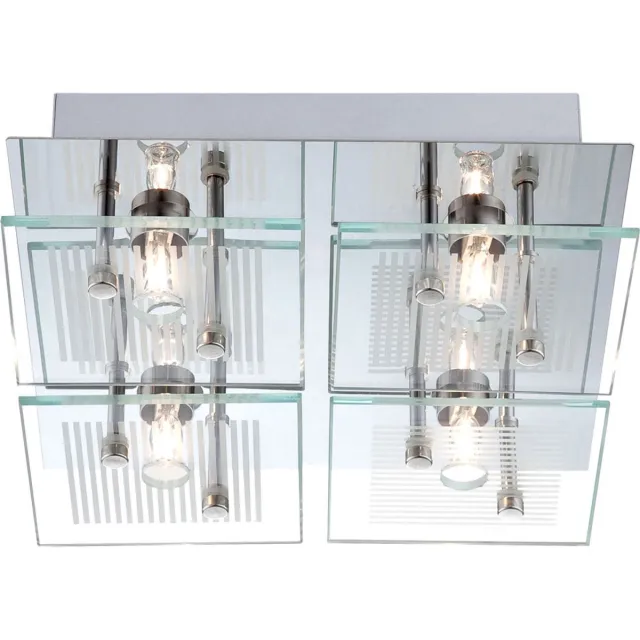 Globo Lighting Woonkamerlamp plafondlamp eetkamerlamp, 4 vlammen, glas chroom wit heldere strepen, G9 fitting, LxBxH 21x21x7cm zilver