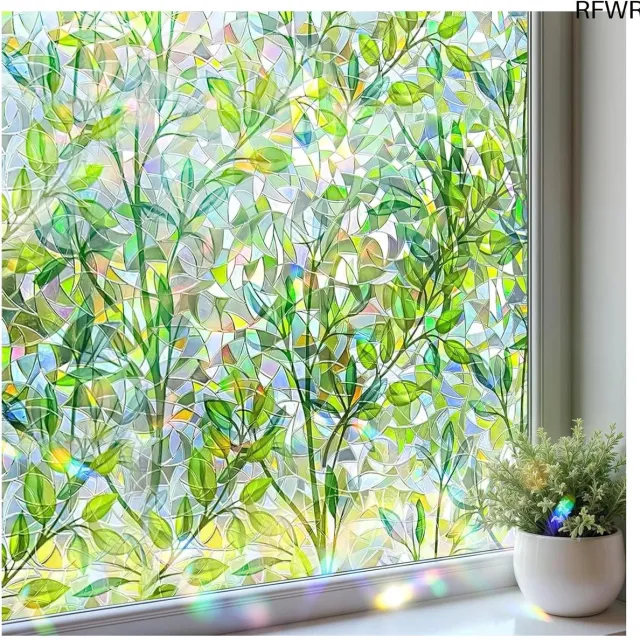 RFWR Decoratieve Privacyfolie met Groen Bladpatroon - UV Bescherming en Regenboogeffect voor Glazen Ramen - 30 x 100 cm