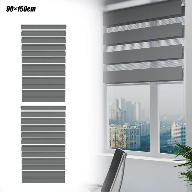 Aufun 2 Stuks Dubbele Verduisterende Rolgordijnen - Grijs 90x150cm - Clipmontage, Boren Niet Nodig, Eenvoudig Te installeren - Geschikt Voor Ramen En Balkondeuren