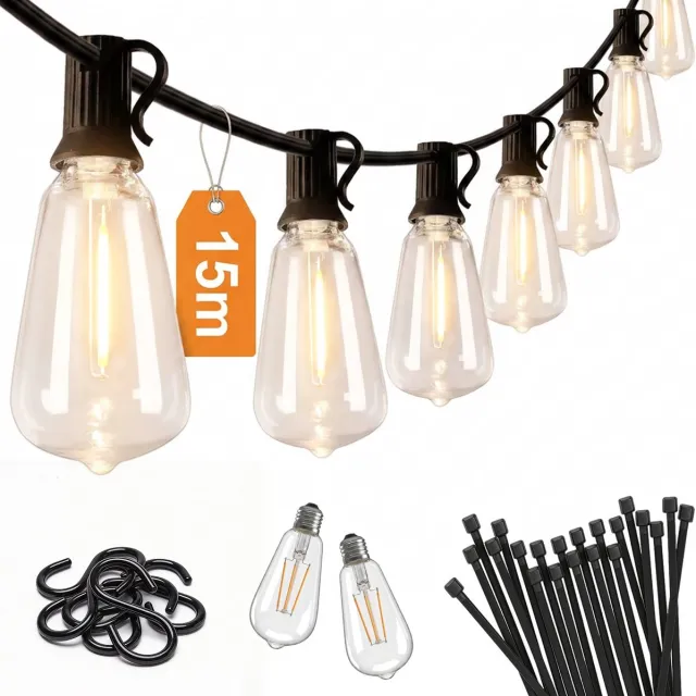 LUSQ Buitengloed LED Lichtsnoer 15m voor Buiten - Tuinverlichting - Lampjes Slinger - Lichtslinger - Waterdicht - 2700K