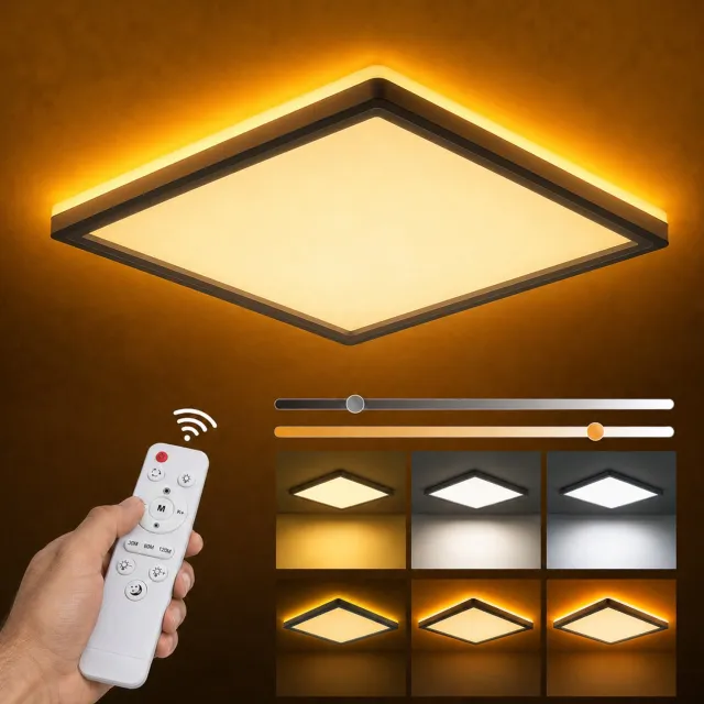LAPAMAX led plafonnière 24 W – 3200 lm – dimbaar 3000–6500 K met afstandsbediening en 1800 K nachtlicht – vierkant 29 cm Wit