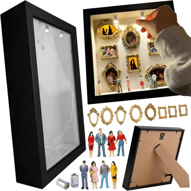 sollbry DIY Shadow Box - Moederdag Cadeau - Mini Fotolijst Met LED - DIY Mini Museum Silhouette Box - Met 8 Mini Gouden Lijstjes en 8 Beeldjes - 25x25 cm - Fotolijsten - Voor Valentijn, Jubileum, Bruiloft, Verjaardag en Woondecoratie - SOLLBRY® Zwart