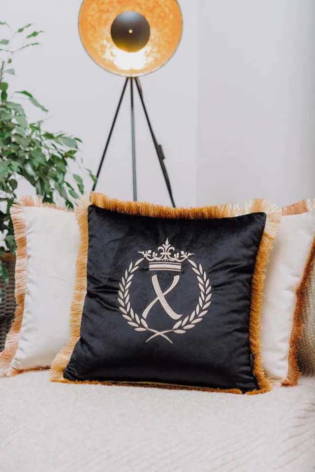 Sandra Mika Embroidered pillow / personalised pillow / monogram pillow / decorative cushion 40x 40 black velvet letter X Zwart