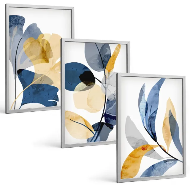 TULUP 4-Delige Schilderij Set - Plantenmotieven in aquarelstijl - 40 x 60 cm - Muurdecoratie - Decoratieve Schilderijen - Wohnzimmer Zilveren lijst