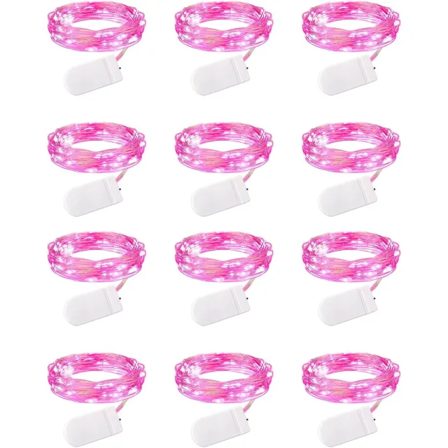 AMVORA Valentijnsdag 12-pack roze led-lampjes op batterijen, waterdichte lichtslingers van zilverdraad, 2,1 meter, 20 led-lampjes met vuurvliegjes en sterrenhemel voor doe-het-zelf bruiloft, feest, slaapkamer