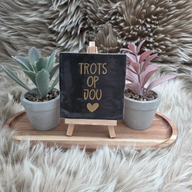 CreaCraft Robuust Wenstegeltje – Trots op jou – Hip trendy tegeltje – 10x10 cm – Wanddecoratie – Cadeau voor geslaagd, speciale gelegenheid of zomaar – Sfeervol en Persoonlijk – Trendy nu – Decoratief Tegeltje met Standaard – Cadeau Idee Zwart/Goud
