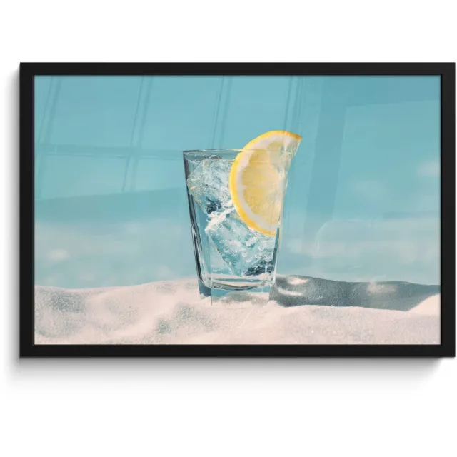 FrameYourWall Poster in lijst - Fotolijst 60x40 cm - Posters - Glas - ijsblokjes - Citroen - Posterlijst zwart - Decoratie - Wanddecoratie woonkamer - Muurdecoratie slaapkamer