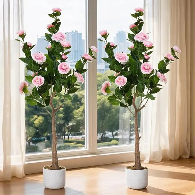 HOERFURIY Kunst Camellia Boom 2 stuks - Jaarronde bloei - Eenvoudig onderhoud roze