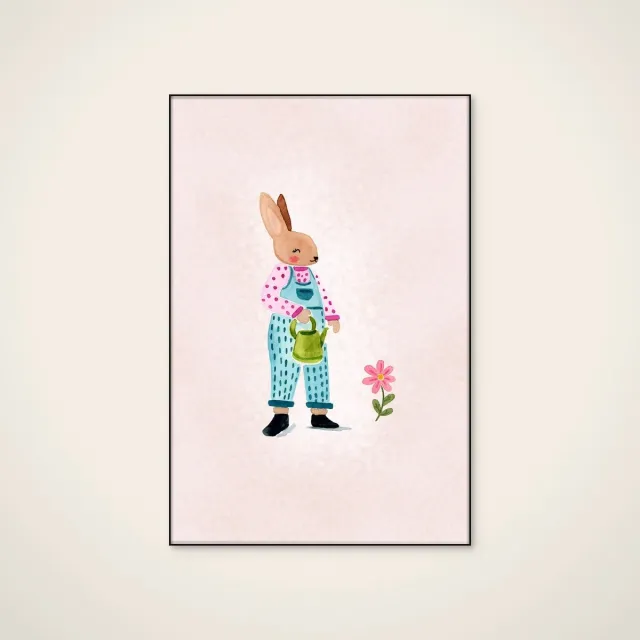 HelloWalls Akoestisch schilderij - 60 x 90 cm - Sweet Bunny Gardener van Abigail Morales - Abstracte wanddecoratie - zwart textielframe Meerkleurig