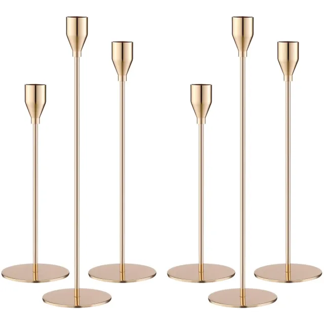 Famanu Set van 6 gouden kandelaars, conische kaarsen in 33/29/23 cm, metalen kegelvormige kandelaar voor vintage decoratie, ideaal voor romantische diners