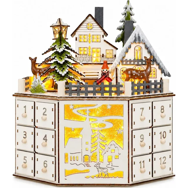 Bobypet Houten adventskalender- Kersthuisje- Muziek en ledverlichting- De kalender is leeg en beschikt over 24 opberglades- Kerstversiering-perfecte tafeldecoratie om af te tellen naar Kerstmis