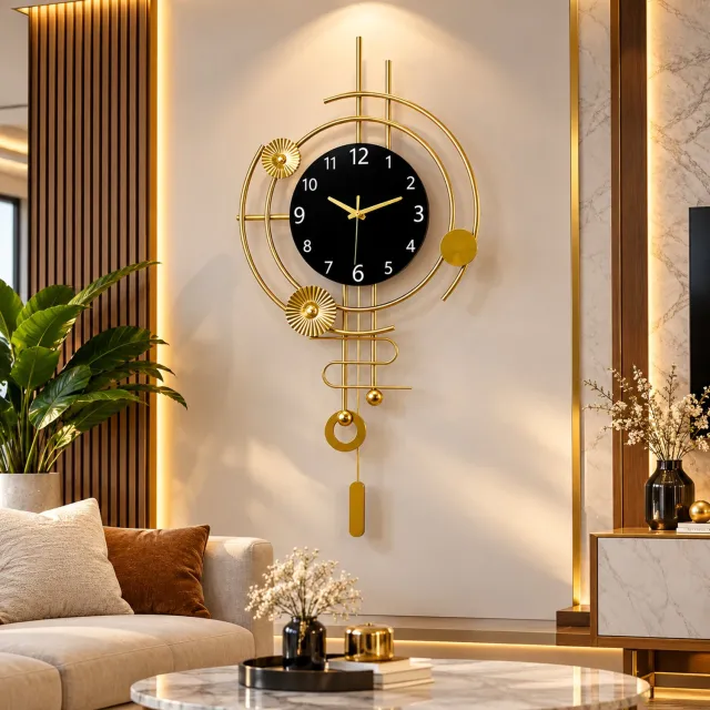 Rojellaa Wandklok met Slinger Goud en Zwart Modern Design Stil