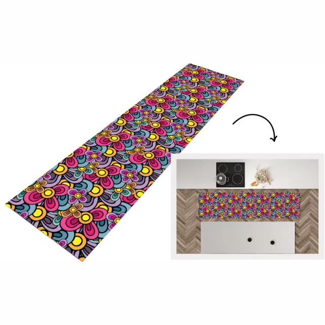 KitchenYeah Keukenloper 200x50 cm - Keukenmat vinyl Patroon - Hippie - Bloemen - Paars - Keukenmatten loper - Keuken vloerkleed tapijt