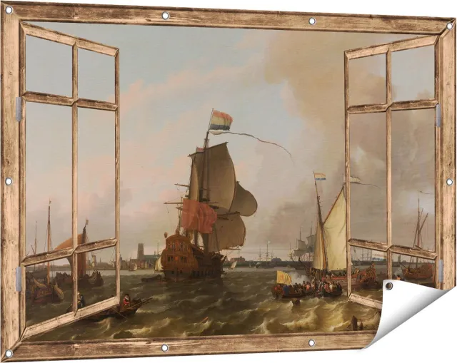 Gards Tuinposter Doorkijk Het Oorlogsschip Brielle op de Maas voor Rotterdam - Ludolf Bakhuysen - 120x80 cm - Tuindoek - Tuindecoratie - Wanddecoratie buiten - Tuinschilderij Licht bruin