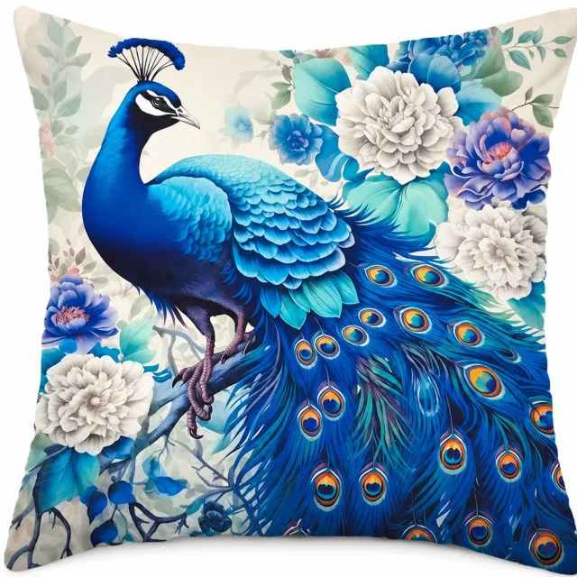 SWGOTA Kussenhoes 45 x 45 cm van kortpolig pluche met pauw en bloemen voor bank en auto Blauw