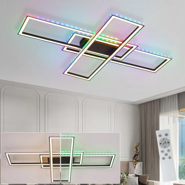 NETTLIFE LED Plafondlamp - Zwart - modern - RGB kleurverandering - dimbaar met afstandsbediening - 3xRechthoekig ontwerp - slaapkamerlamp 50W - voor woonkamer | keuken | hal eetkamer