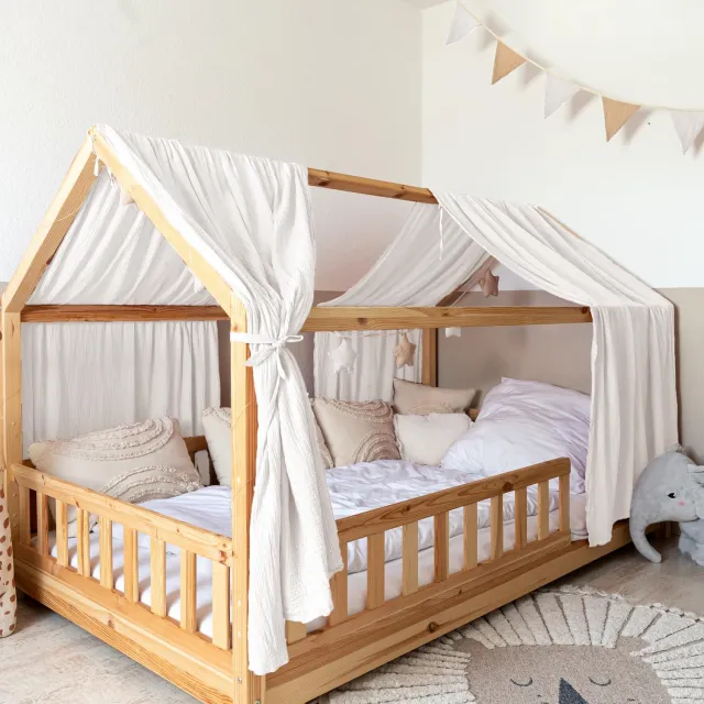 Lilimaus Huisbed hemeltje - set van 2 banen - bedhemel voor huisbed - 67,5x320 cm - mousseline katoen - wit