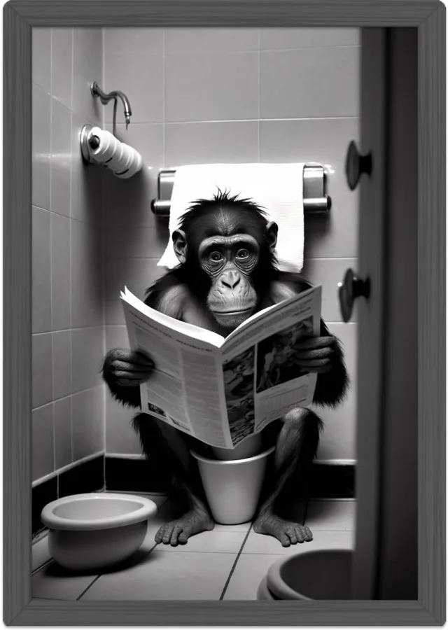 Ibenzoa Grappige Chimpansee Poster voor Badkamerdecoratie, Humoristische Wandkunst, A4 Formaat, Zwart-Wit Ontwerp, Zonder Lijst