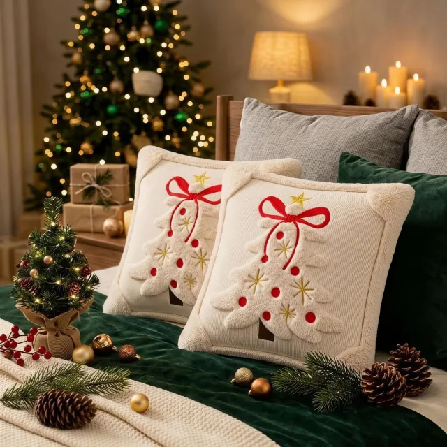 KZQ 2-delige set met rode en groene strikken en een grote beige kerstboomprint (kusseninzet niet inbegrepen) - 45 x 45 cm - Kerstboompatroon - Enkelzijdig pluche - Zacht en huidvriendelijk - Perfect voor winterse en feestelijke huisdecoratie rood