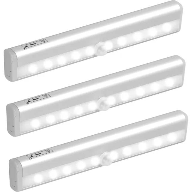 Ynkkvre 3 stuks LED Bewegingssensor Kastlampen - Magnetische Plakstrip - Batterij Nachtlampjes 10 LED - Onderbouwverlichting voor Keuken - Koel Wit Zilver