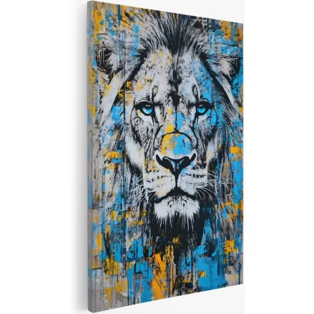 Saammp Canvas Schilderij - Abstracte Blauwe Leeuw - Dieren - Natuur - 60x90 - Foto op canvas - Wanddecoratie - Muurdecoratie Woonkamer - Slaapkamer decoratie - Canvas Print Multicolor