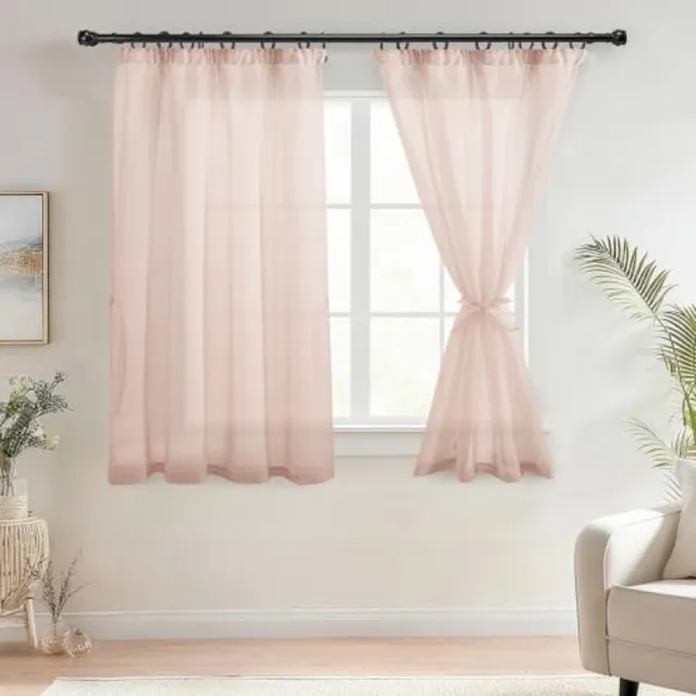 ShawnQ Set van 2 voile-gordijnen met plooiband, linnenlook, halftransparant, 145 x 140 cm, blush roze