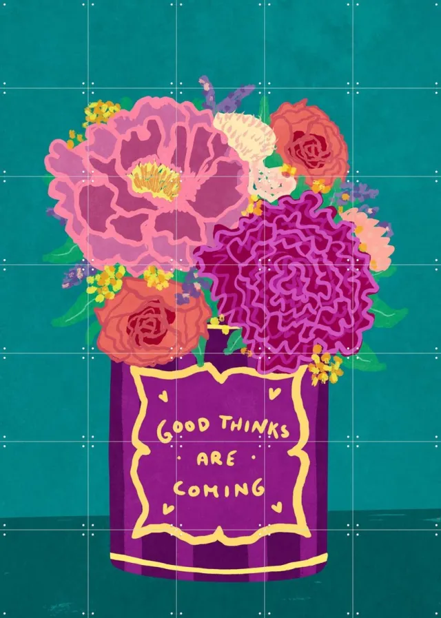 IXXI Good Things Are Coming, Raissa Oltmanns - 100 x 140 cm - Grote wanddecoratie en posters - Modern, Speels, Illustraties, Cartoonesk, Fantasierijk Groen / Paars / Blauw